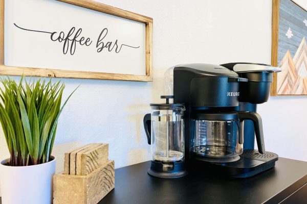 We provide a variety of coffee options ( K-cups and ground coffee), tea and hot chocolate